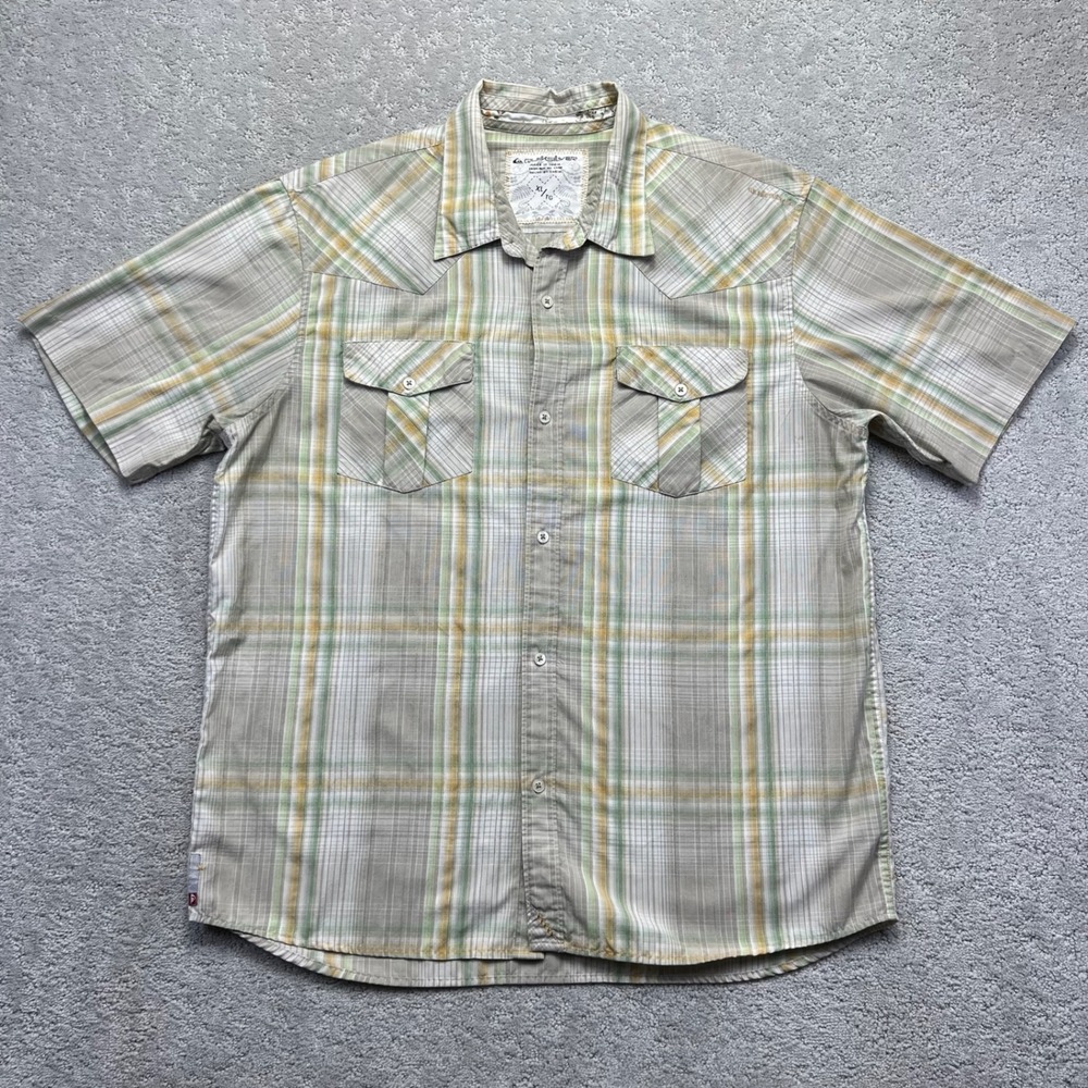 Y2k Quiksilver Shirt Mens XL Brown Plaid Short Sleeve Button Up Surf Skate
